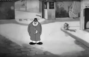 Schwarz Weiß Cartoon Bild, Mann steht mit langem Mantel mitten auf der Straße. Eine Hand schaut von innen aus dem Mantel heraus.